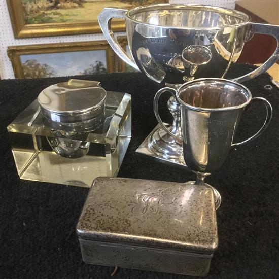 Silver top glass inkwell, silver box and 2 trophies